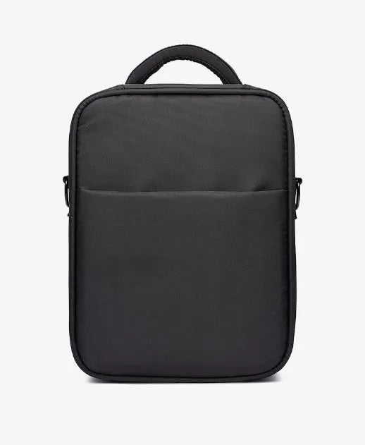 Black Oxford fabric men's messenger bag with shoulder strap showing dimensions