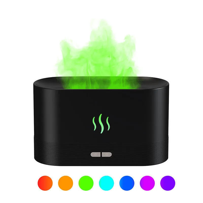 Ultrasonic aroma diffuser with flame light effect, 180ml capacity, USB powered, black color, on a desk
