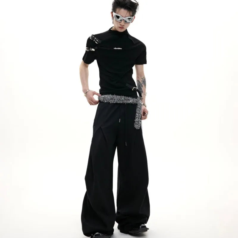 Men's slim fit cotton T-shirt with metal belt design and small stand-up collar in black and white colours