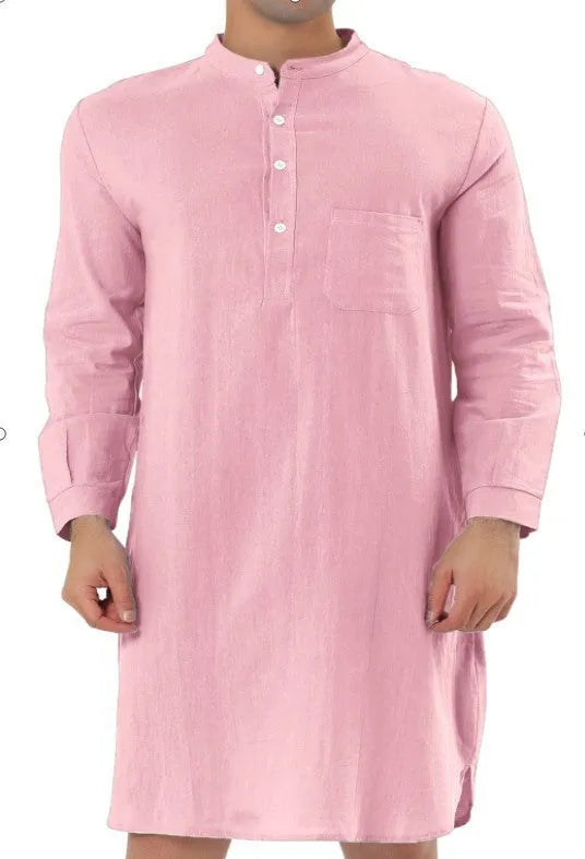 Men's cotton shirt robe shown in multiple colour options including Lake Blue, Light Khaki, White, and Black.