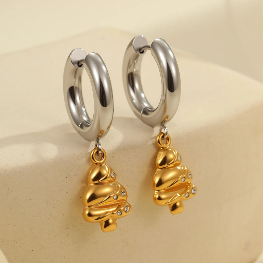 Christmas tree design earrings in stainless steel with 18K gold electroplated silver-tone finish