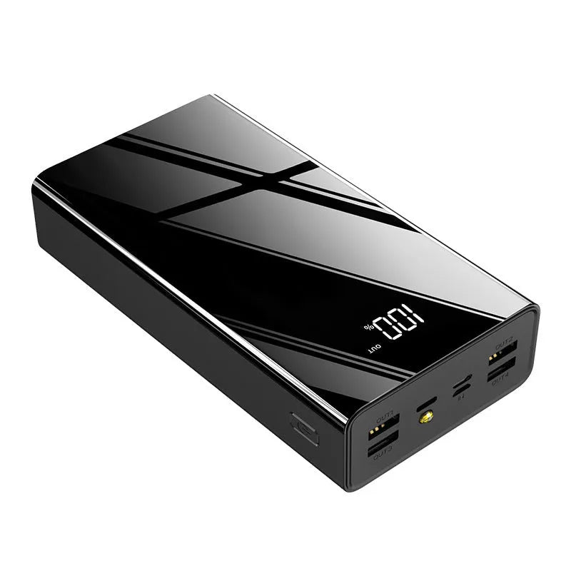 Black and red 40000 mAh power bank showing LCD display with dimensions 156x82x41 mm