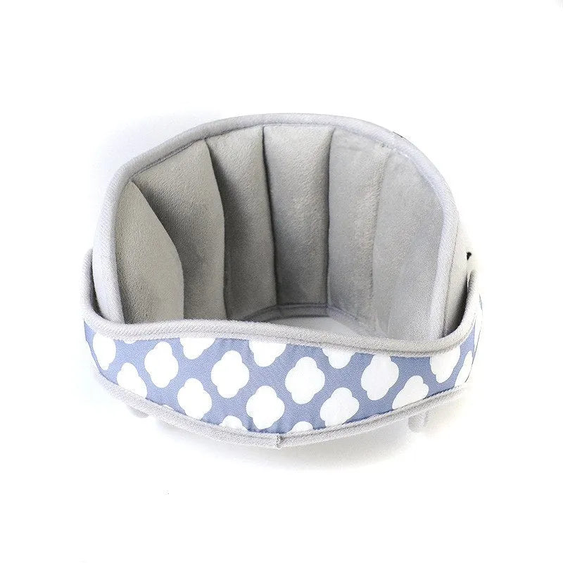 Child car seat head support in blue with hook and loop neck strap and rear waistband