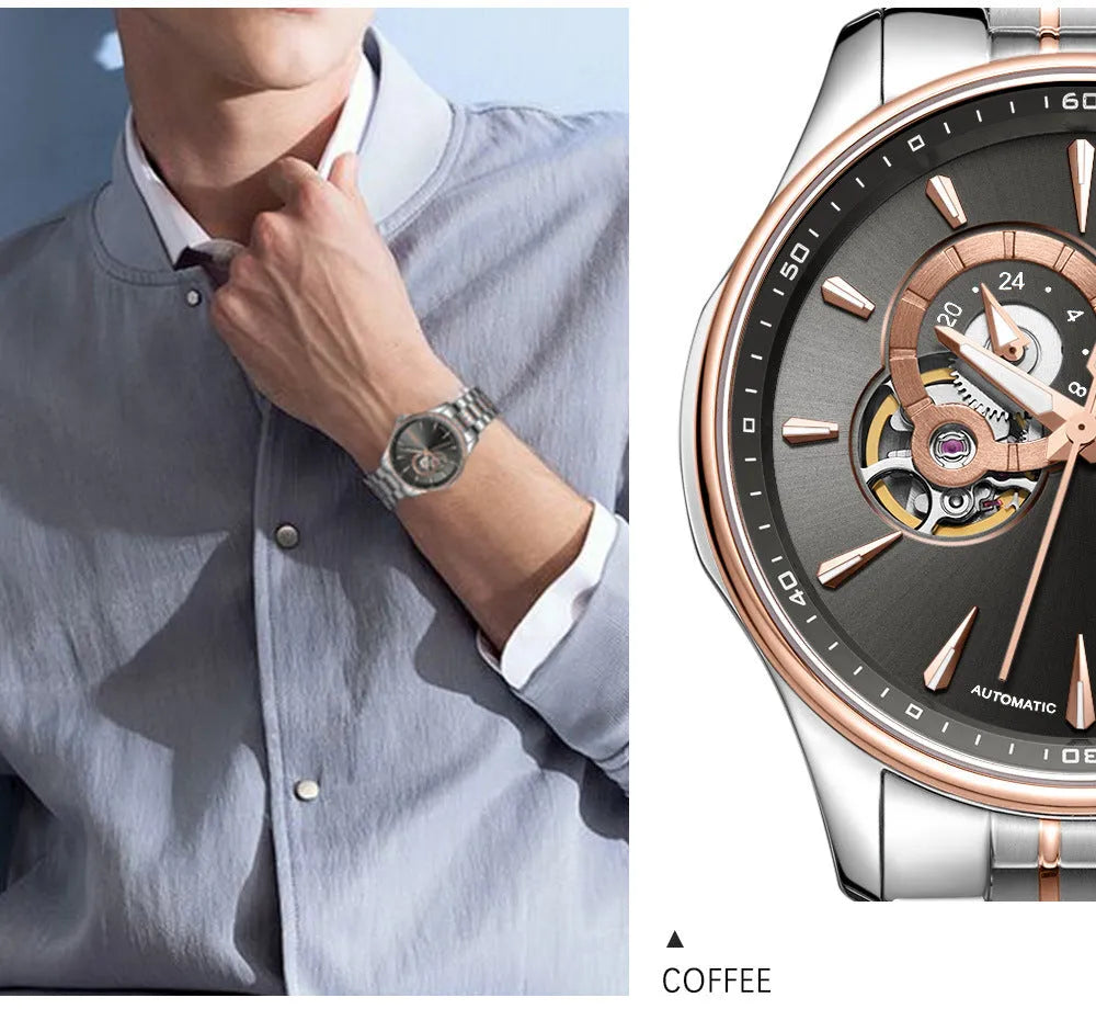 Business and leisure mechanical watch with 42mm dial, luminous display, and stainless steel strap