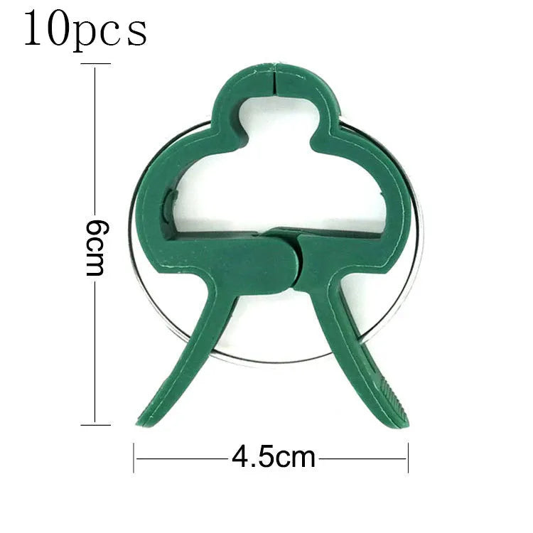 Green plastic and zinc plant fixing clips for supporting tomato vines and climbing plants in the garden.