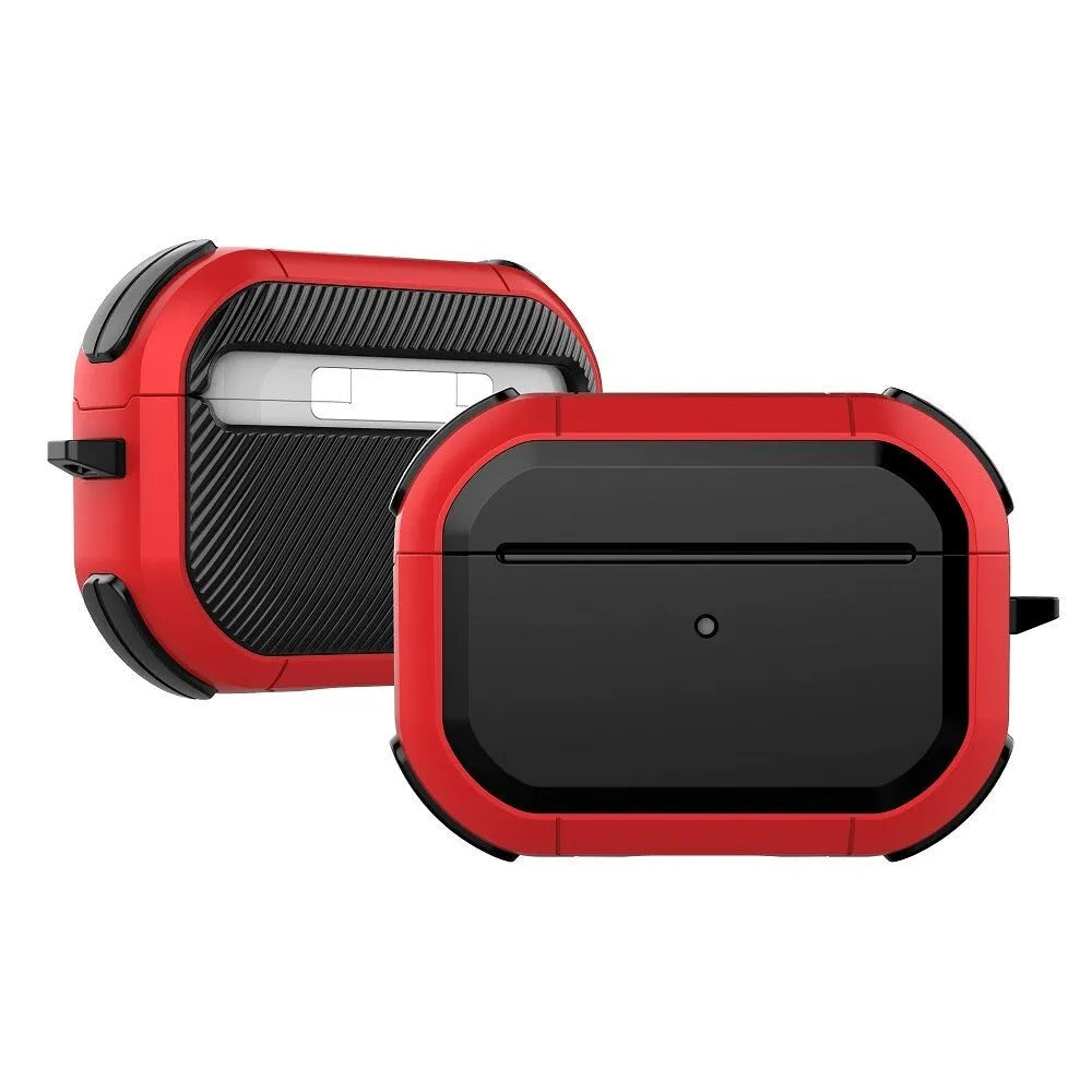 Black TPU and PC protective shell on an AirPods Pro charging case.