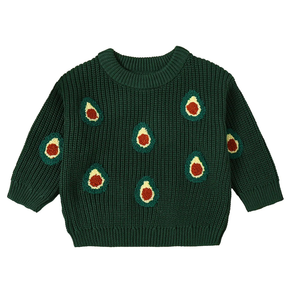 Children's cotton long-sleeve sweater with green cartoon avocado embroidery, pullover style, winter unisex top