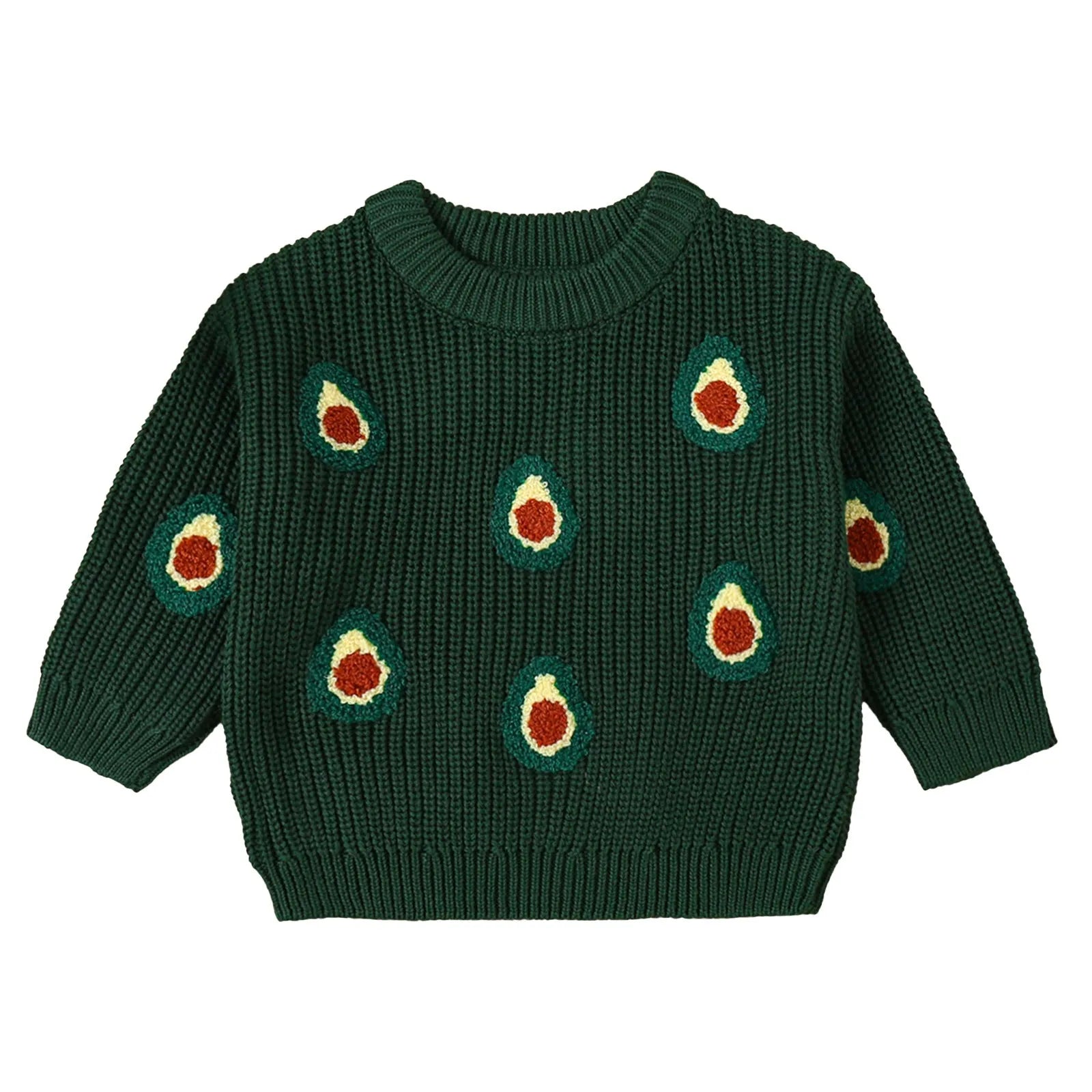 Children's cotton long-sleeve sweater with green cartoon avocado embroidery, pullover style, winter unisex top