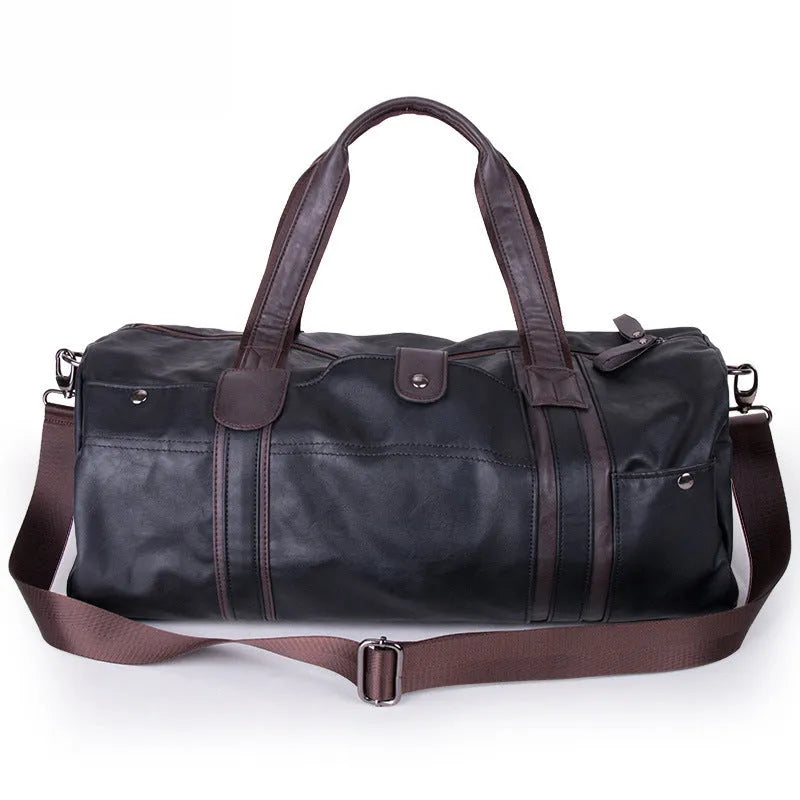 Portable cylinder leisure travel bag medium 36-55L PU leather blue black brown zipper closure soft handle