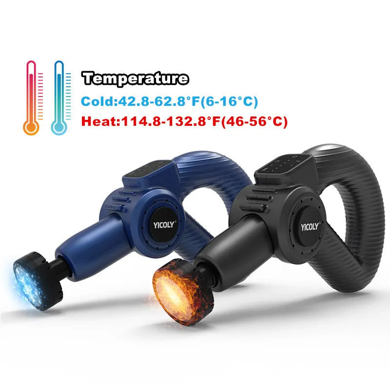 Black smart muscle massage gun with multiple attachment heads on a grey background