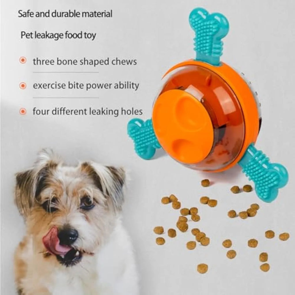 Blue hollow rubber bone dog chew toy and slow treat dispenser on a white background.