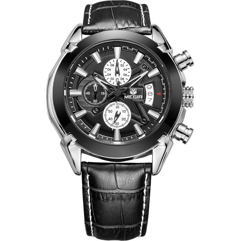 Men's multifunctional quartz watch with three subdials, six hands, luminous display, waterproof case