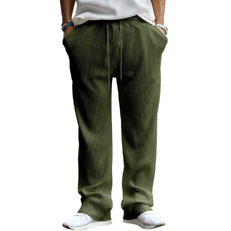 Men's straight-leg casual trousers in Army Green colour, showing high waist and loose fit.