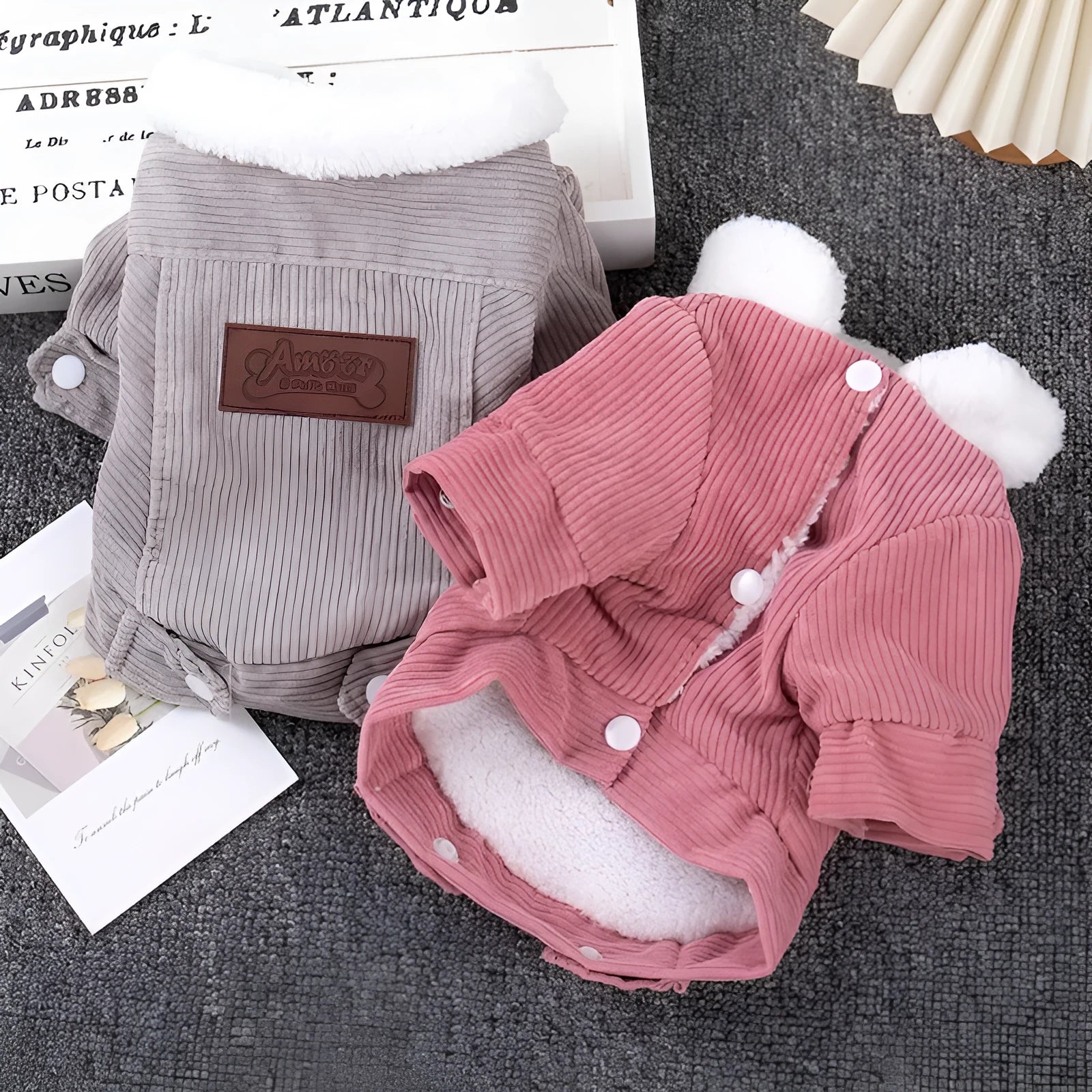 Grey lambswool lined pet vest with fleece padding for dog winter clothing