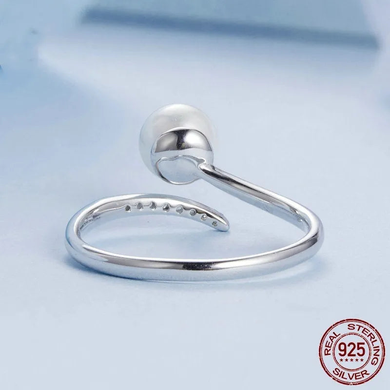 Sterling silver adjustable open loop ring with shell pearls centrepiece, S925 silver construction