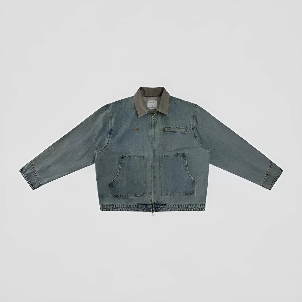 American retro Detroit men's blue cotton blend jacket, no pockets, regular fit, front view