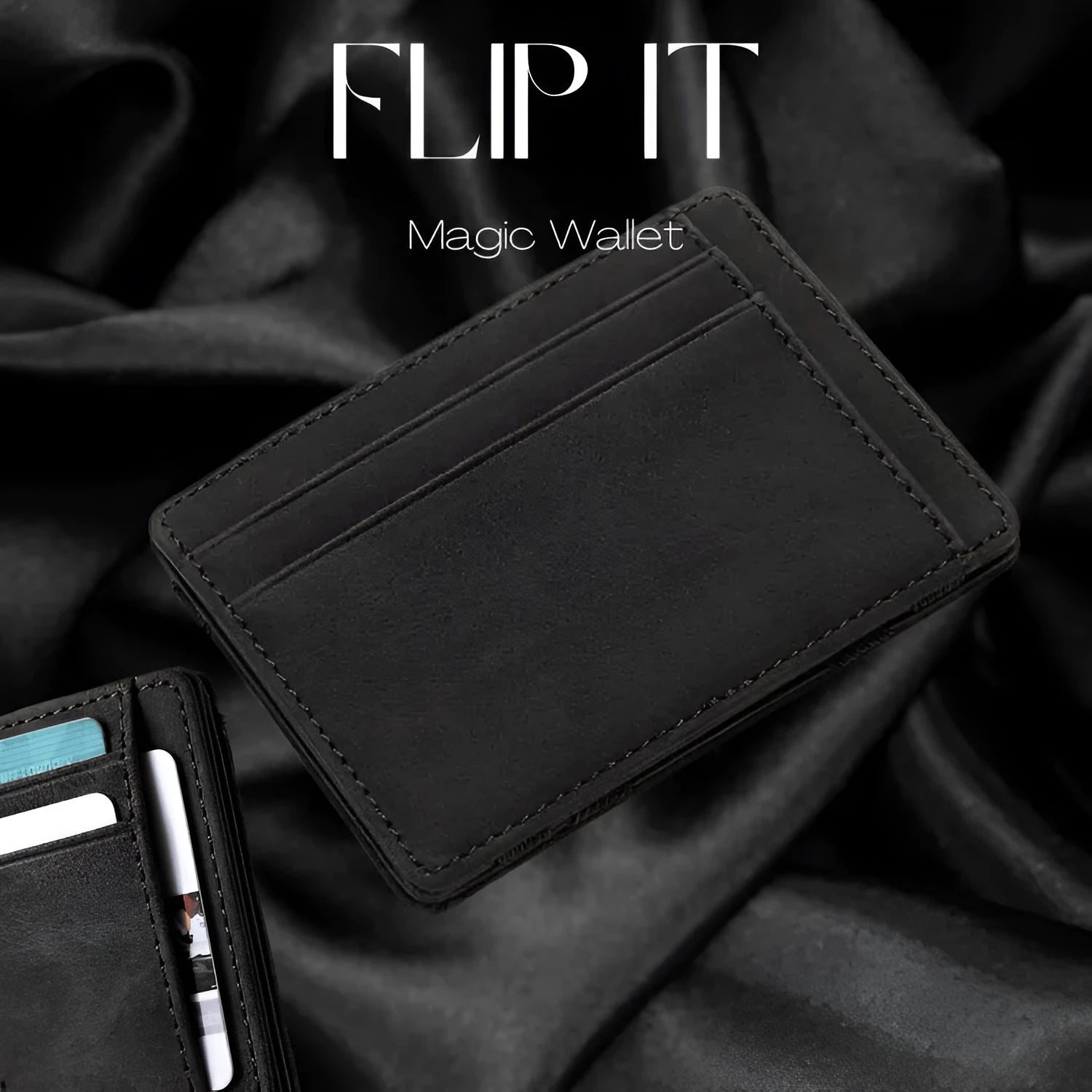 PU leather magic flip wallet with zipper coin purse in solid colour with sewing line detail