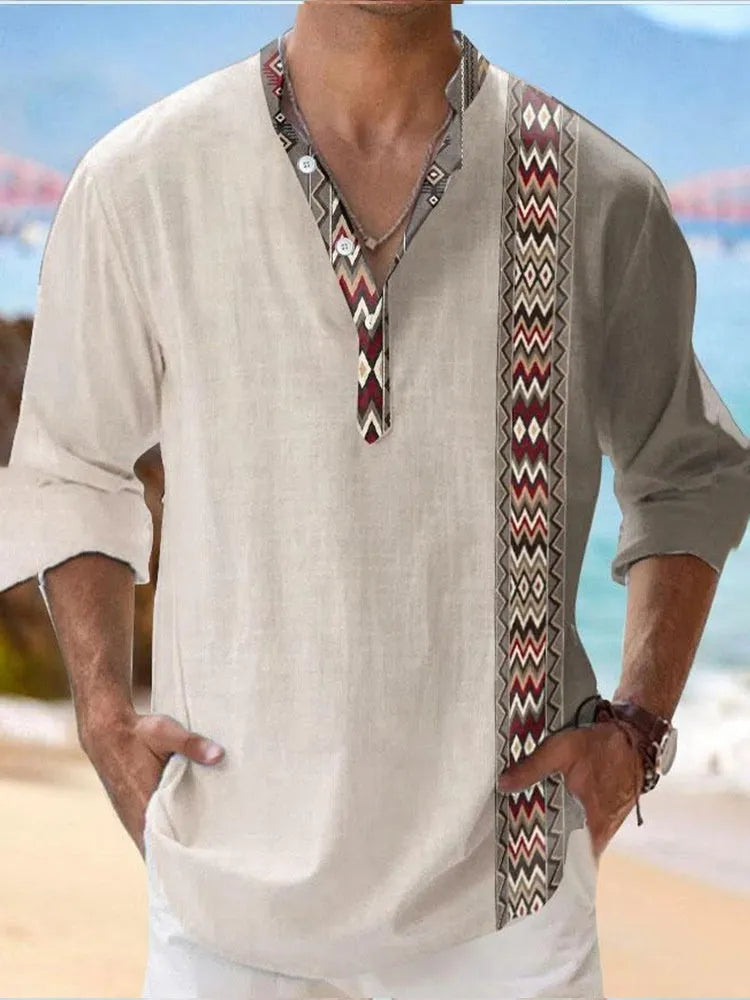 Men's thin Hawaiian long sleeve shirt in digital bamboo linen stripe pattern