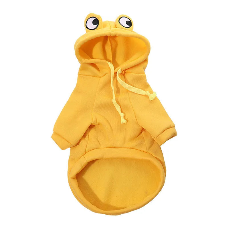 Green frog costume hoodie on small dog with size measurement diagram