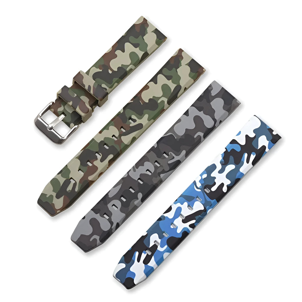Silicone watch strap with camouflage pattern in green, blue and grey colour options showing flat head design