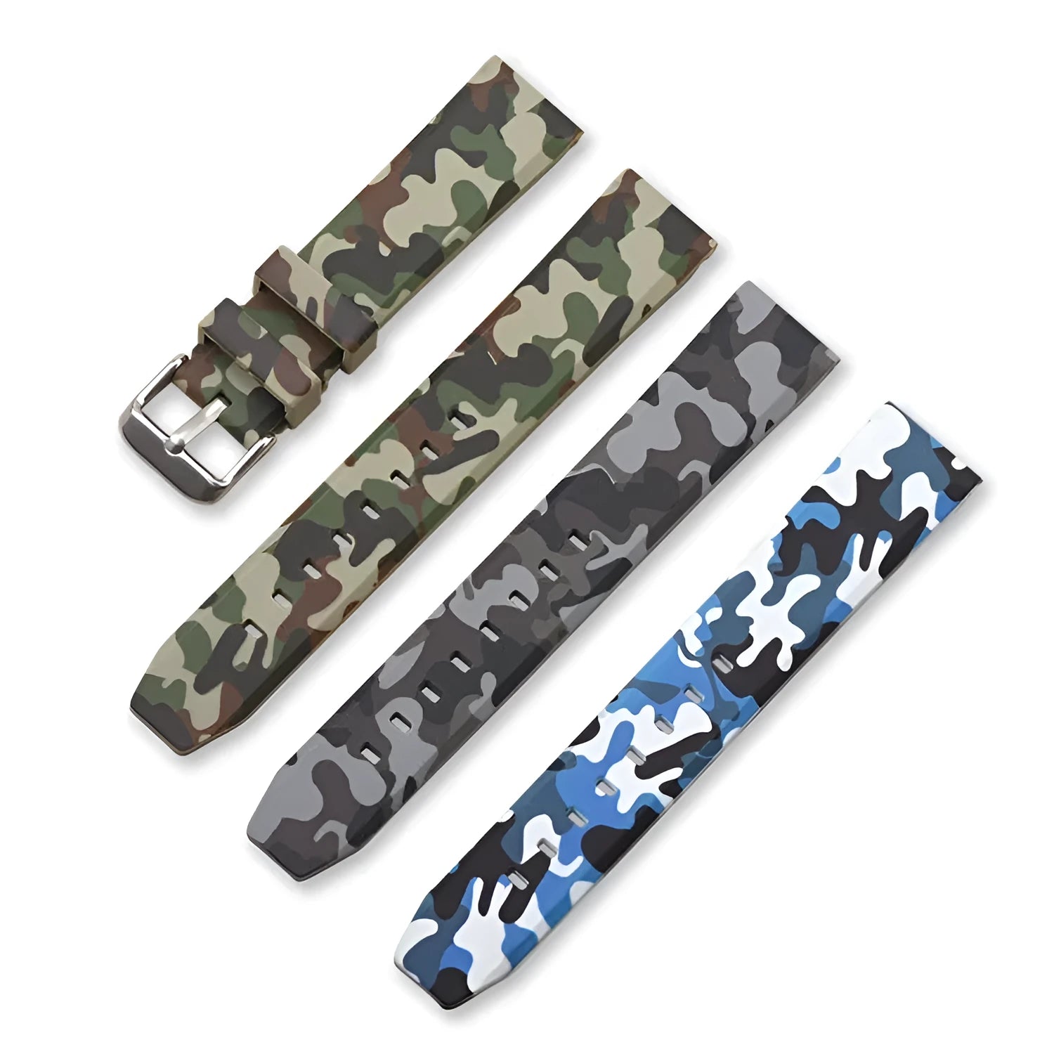 Silicone watch strap with camouflage pattern in green, blue and grey colour options showing flat head design