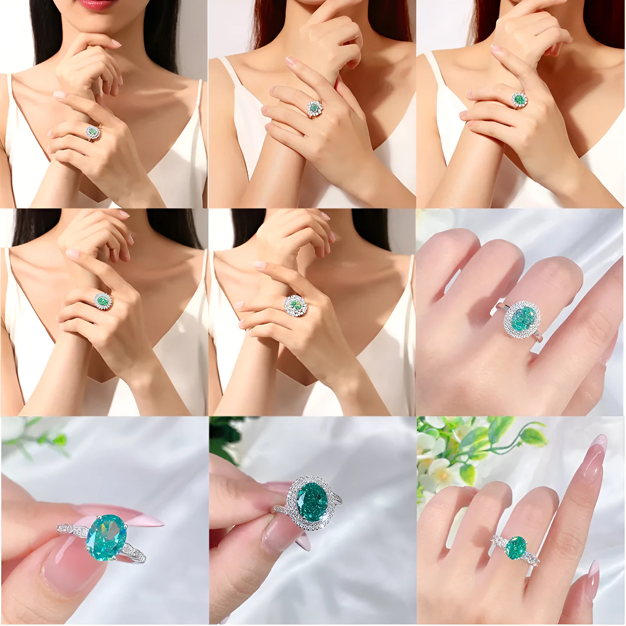 Geometric S925 sterling silver women's ring with emerald and inlaid high carbon diamonds in Palai Bahao style.