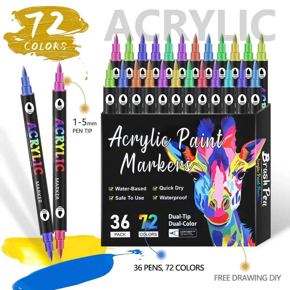 Set of double-headed acrylic marker pens showing both tips, with opaque washable ink in multiple colours.