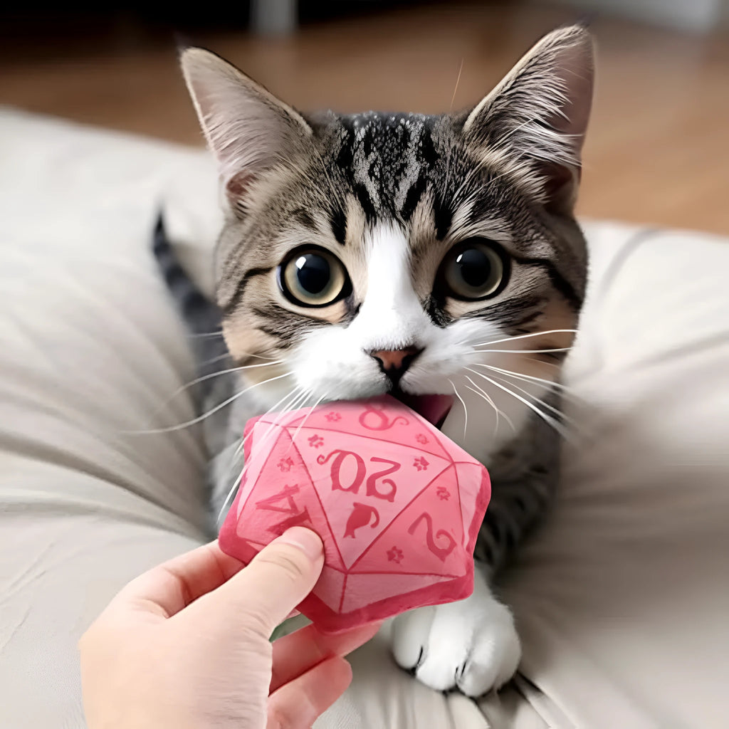 Dice-shaped plush catnip toy in multiple colours for D&D and cat play