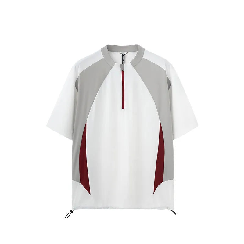 Men's lightweight polyester leisure shirt in solid black and beige colours with stitching details