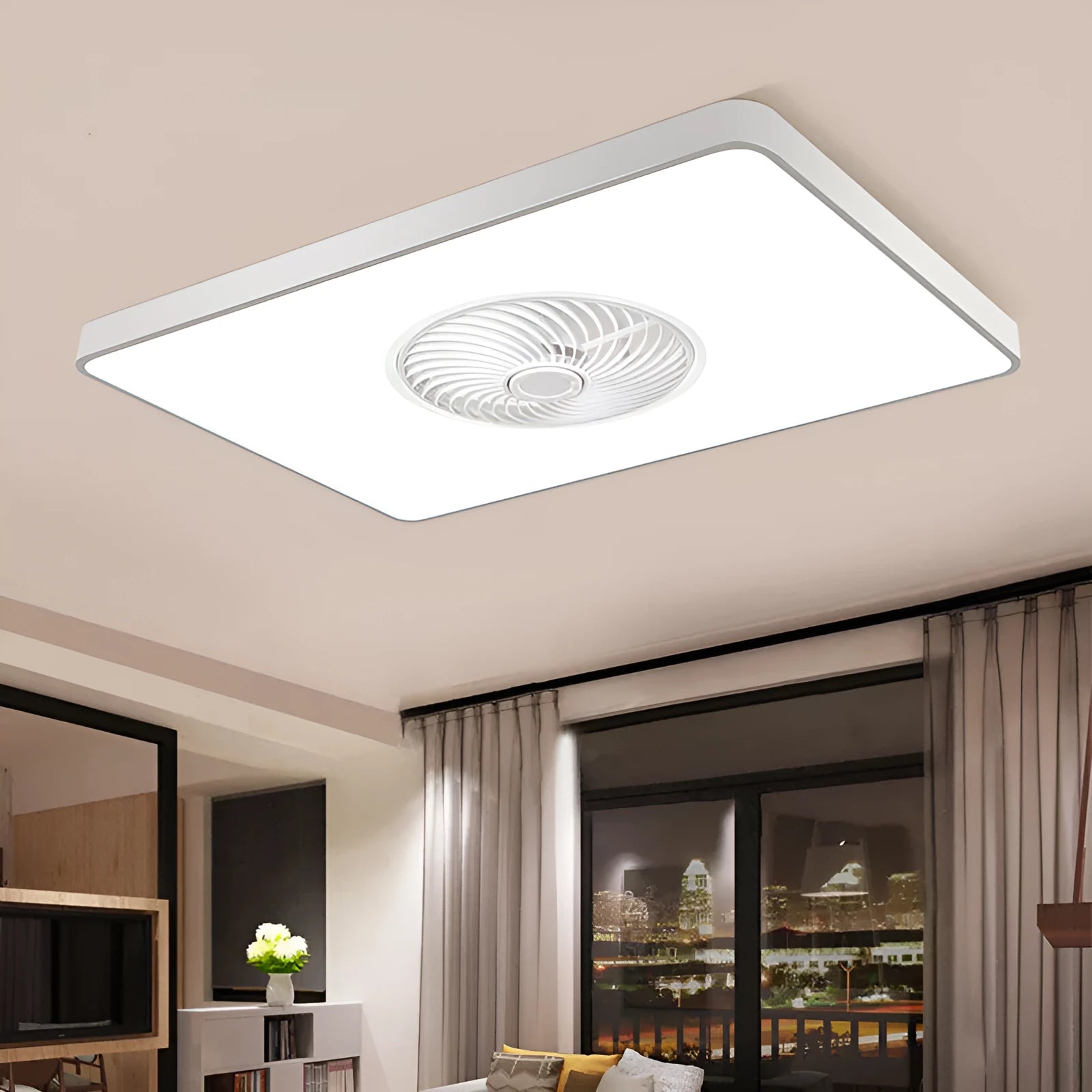 Nordic ceiling fan with light featuring solid wood blades and a white PVC lampshade