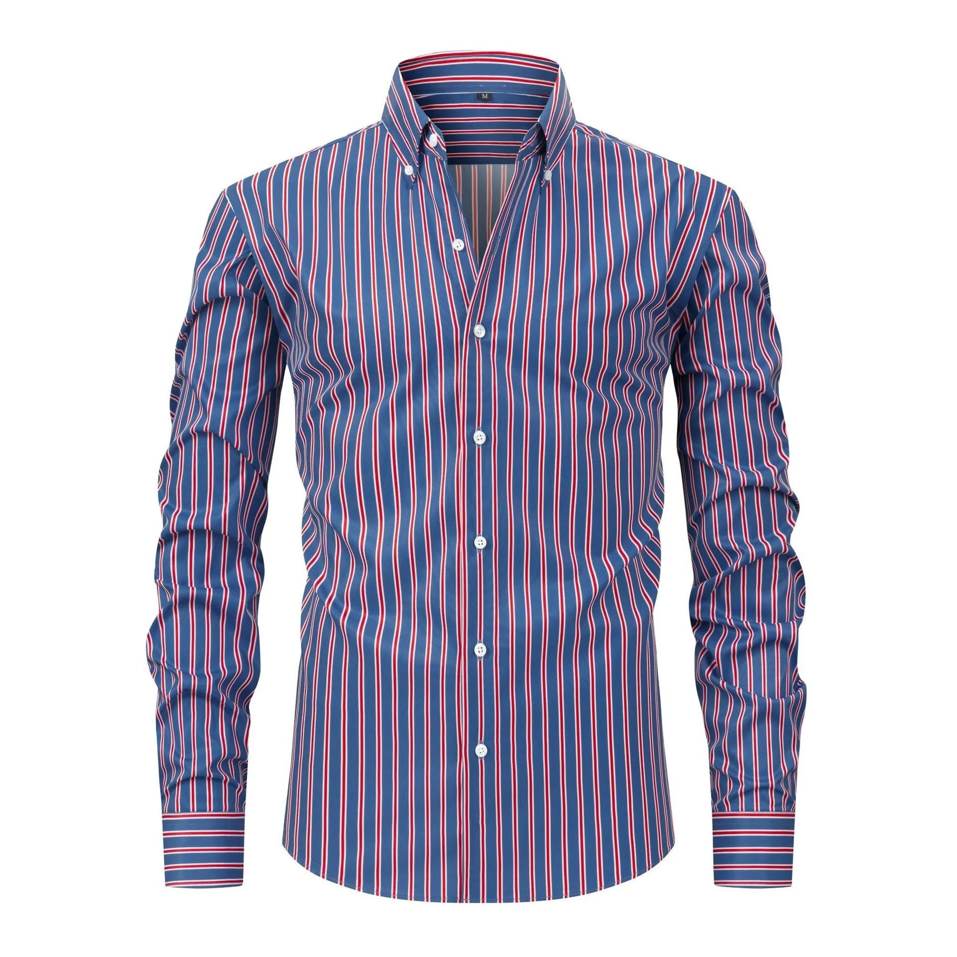 Men's slim fit striped long sleeve business shirt in ice silk polyester blend fabric