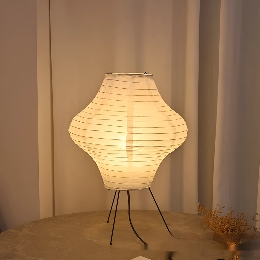 Japanese style decorative table lamp with a white Xuan paper shade on a wooden base.