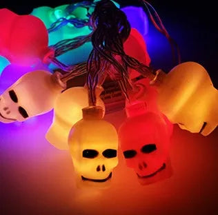 Halloween LED string lights with pumpkin, bat and ghost decorations showing colour changing illumination