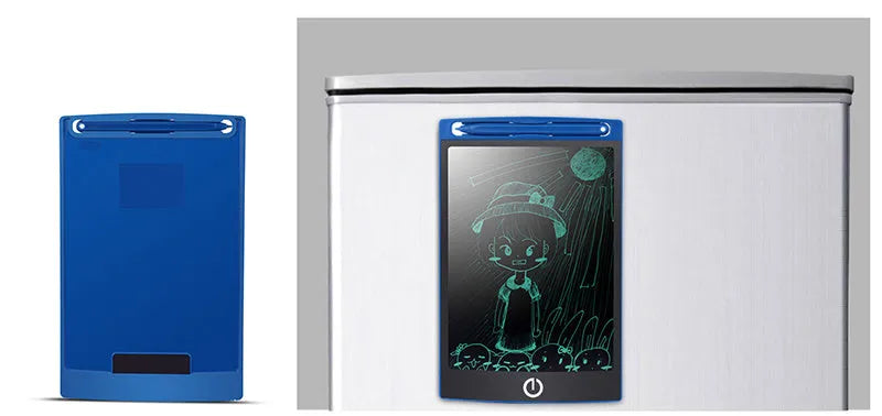 Black LCD writing tablet with ABS frame and blue-green display, 8.5 inch screen, side view showing slim profile