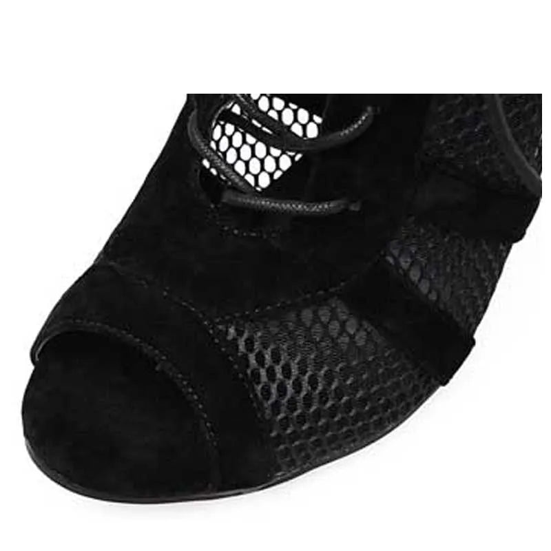 Black suede women's lace-up high heel shoes with ankle strap and 11.5cm heel