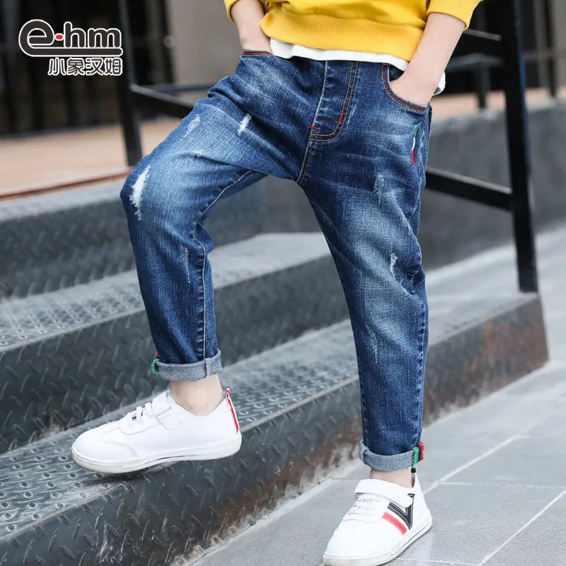 Boys' denim trousers mid-waist blue cotton trousers for children 110-160cm