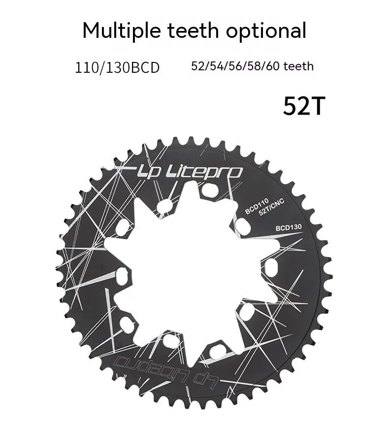 Silver aluminium alloy oval bicycle chainring with CNC machining marks on a white background