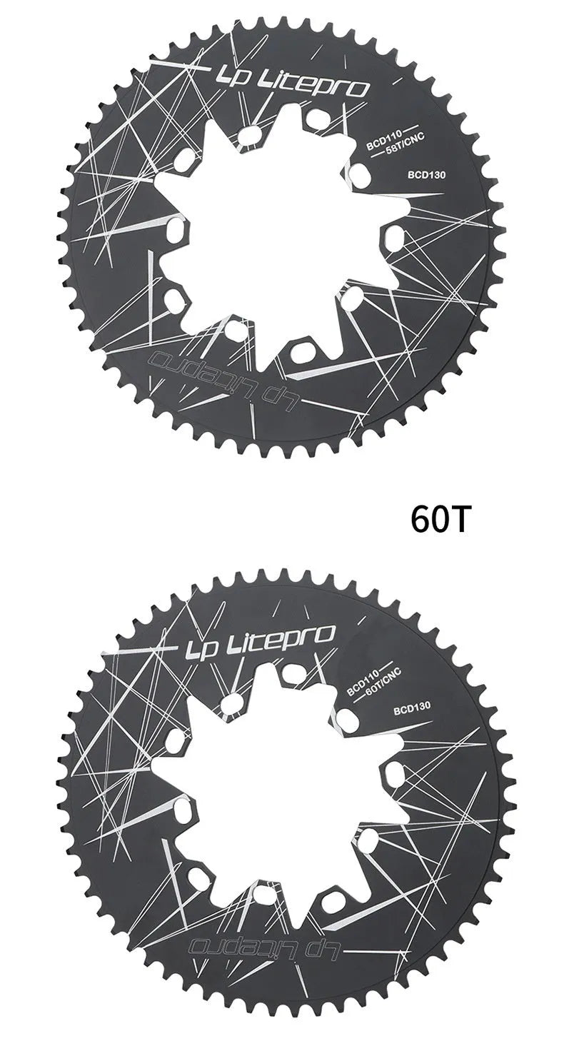 Silver aluminium alloy oval bicycle chainring with CNC machining marks on a white background
