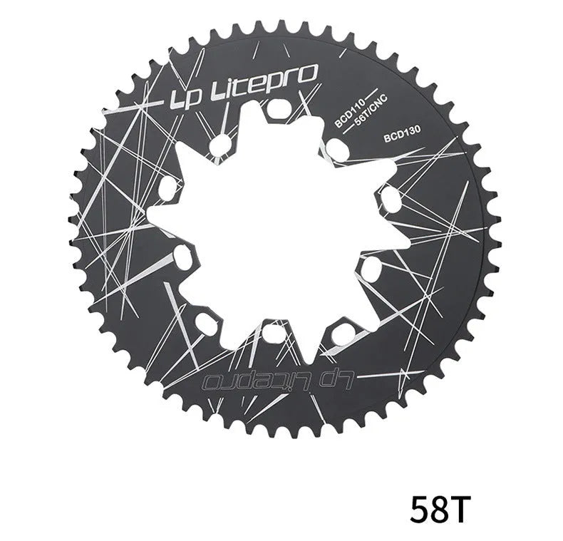 Silver aluminium alloy oval bicycle chainring with CNC machining marks on a white background
