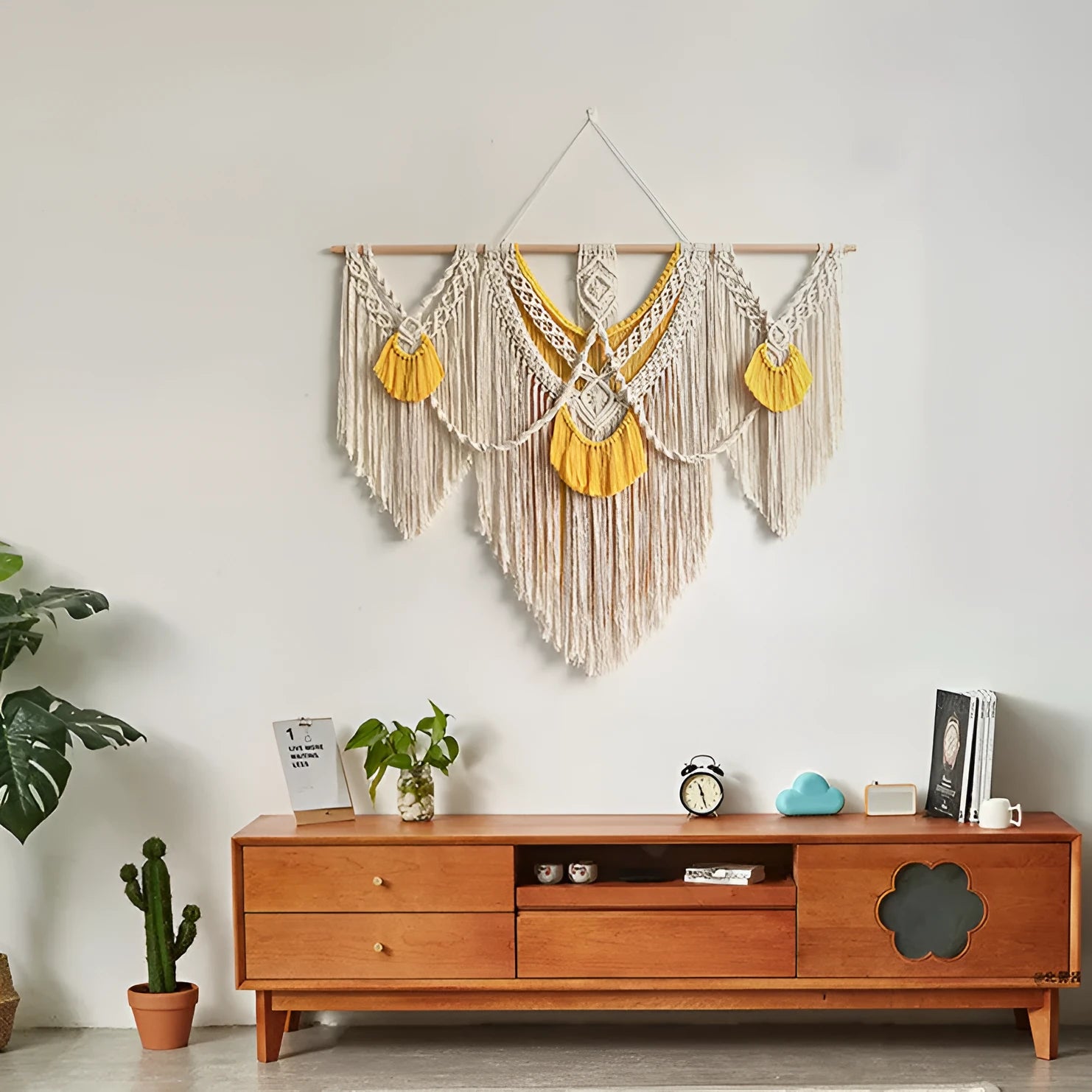 Nordic style cotton tapestry wall hanging creamy white colour 120x95cm rectangular handmade weaving