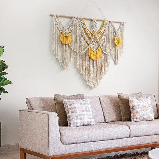Nordic style cotton tapestry wall hanging creamy white colour 120x95cm rectangular handmade weaving