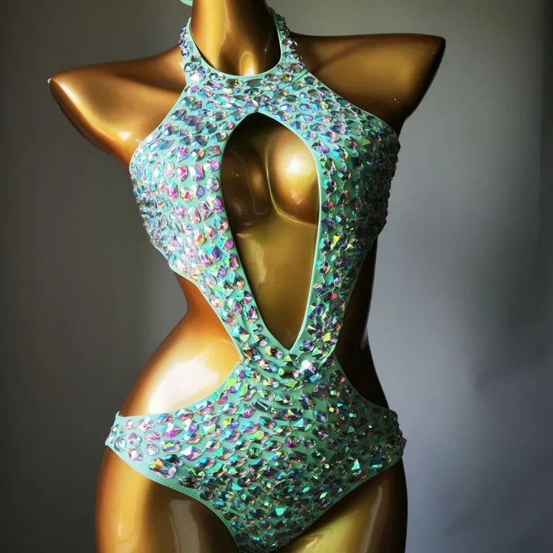Women's one-piece swimsuit with mesh diamond inserts in army green colour