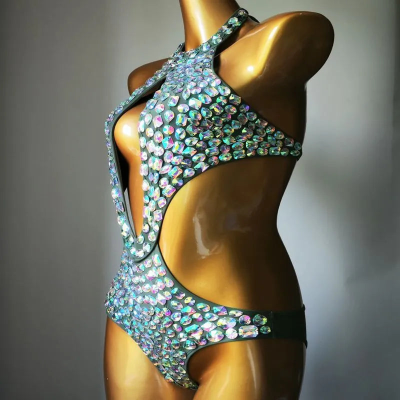 Women's one-piece swimsuit with mesh diamond inserts in army green colour