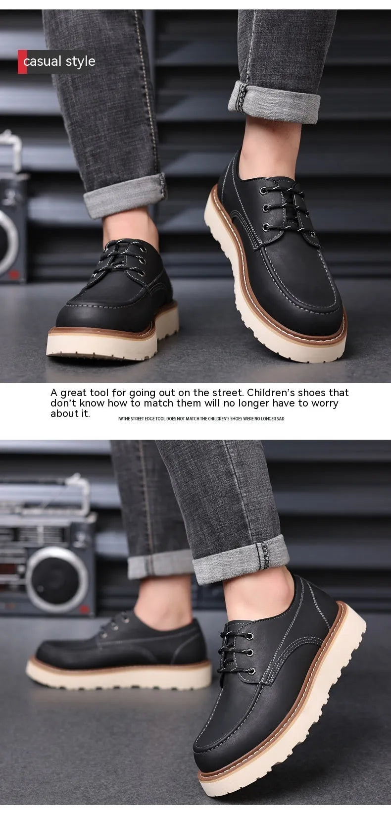 Men's black retro Martin boots with round toe and rubber sole showing height-increasing mid heel