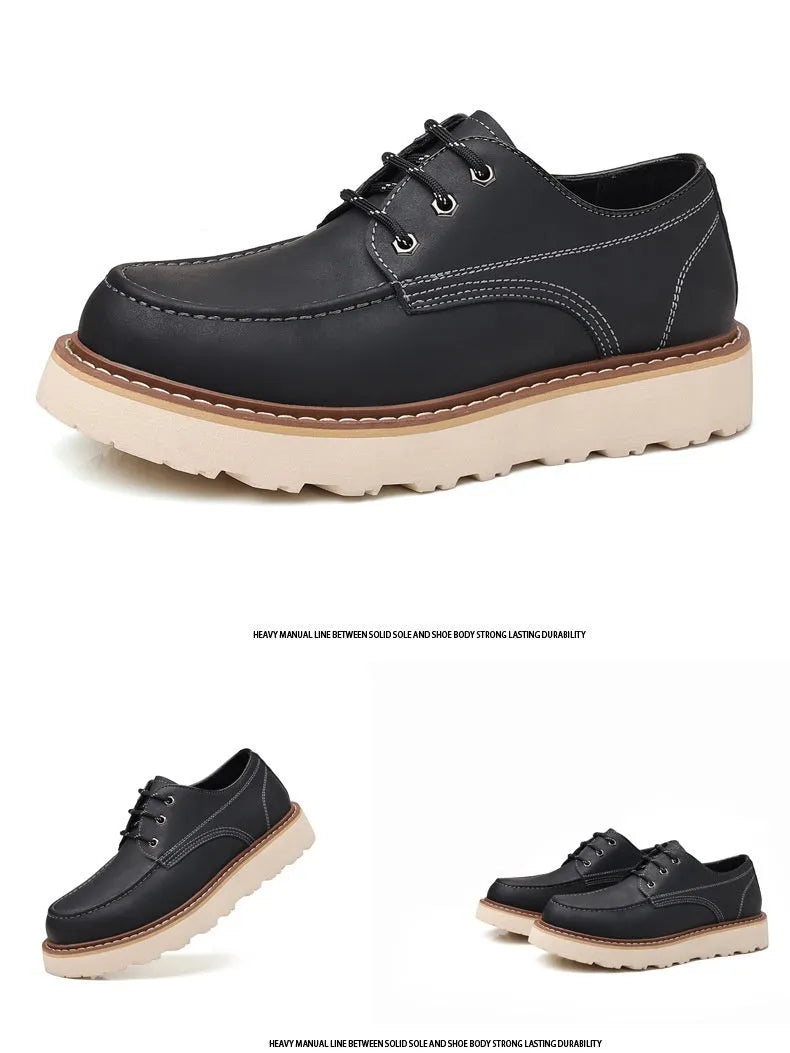 Men's black retro Martin boots with round toe and rubber sole showing height-increasing mid heel