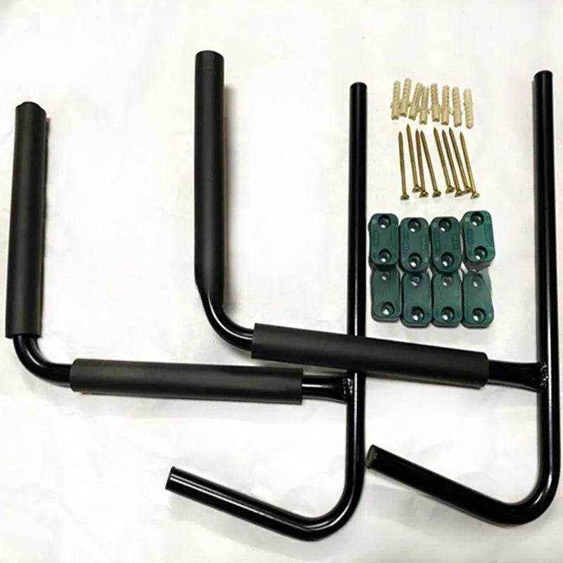 Carbon steel kayak wall hanger rack for overhead storage of kayaks and surfboards