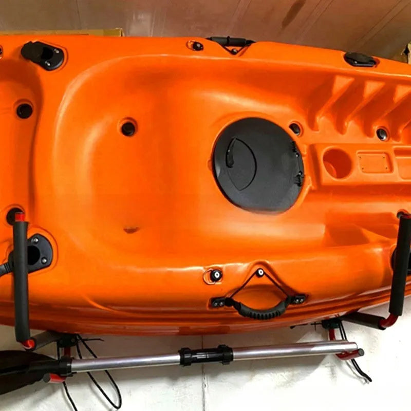 Carbon steel kayak wall hanger rack for overhead storage of kayaks and surfboards