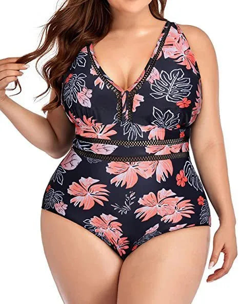 Black plus size women's bikini swimsuit with Siamese pattern print and mesh fabric stitching detail.