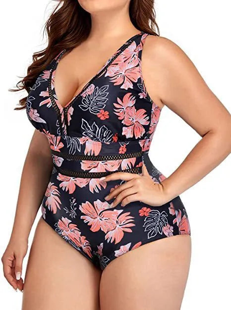 Black plus size women's bikini swimsuit with Siamese pattern print and mesh fabric stitching detail.