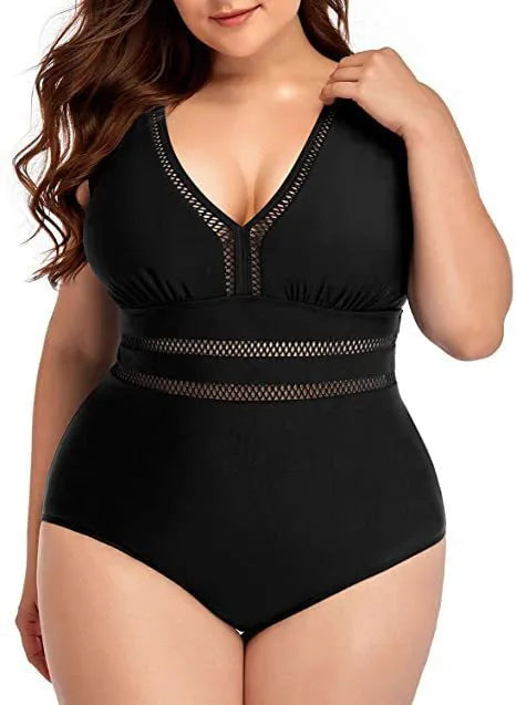 Black plus size women's bikini swimsuit with Siamese pattern print and mesh fabric stitching detail.